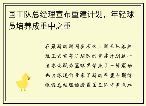 国王队总经理宣布重建计划，年轻球员培养成重中之重
